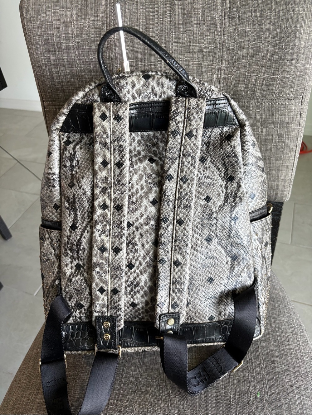 MCM Visetos Studded Mini Backpack - Black & Beige Snakeskin - Picture 5 of 13